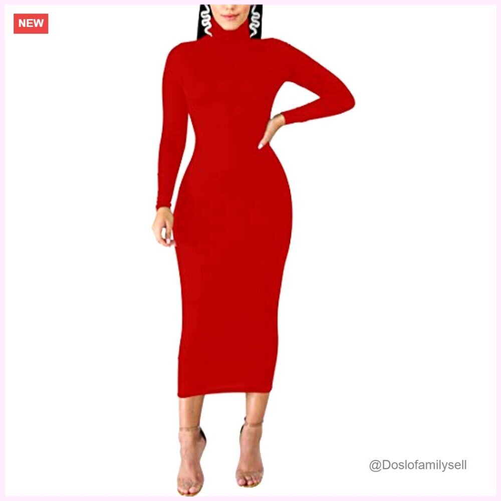 Long Sleeve Turtleneck Bodycon Midi Dress Elegant Chic Party Wear - Picture 5 of 7